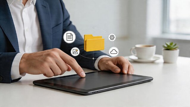 Businessman using tablet digital cloud storage folder concept document management data security office technology workflow modern business workspace interactive touch screen