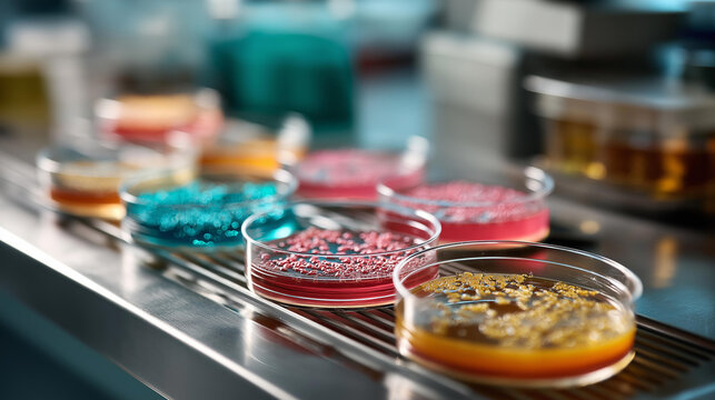 A row of agar plates with colorful microbial colonies in a microbiology lab, agar plates, microbial colonies, microbiology lab, science, biology, bacteria culture, growth study, with copy space