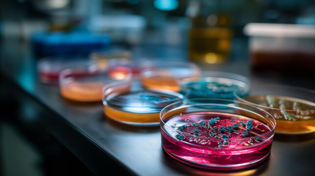 A row of agar plates with colorful microbial colonies in a microbiology lab, agar plates, microbial colonies, microbiology lab, science, biology, bacteria culture, growth study, with copy space