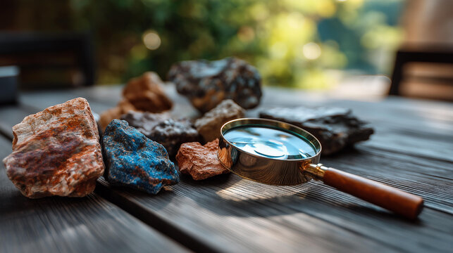 A flat lay of geological rock samples and a magnifying glass on a wooden table outdoors, rock samples, magnifying glass, geology, environmental study, science, professional, mineralogy, with