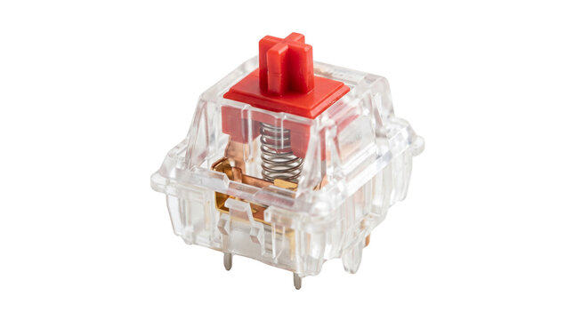 Extreme macro studio close-up of a transparent mechanical keyboard switch showcasing detailed internal structure and a vivid red stem on a clean white surface