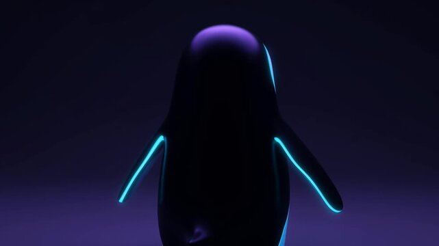 Glowing blue cartoon penguin on dark background desi