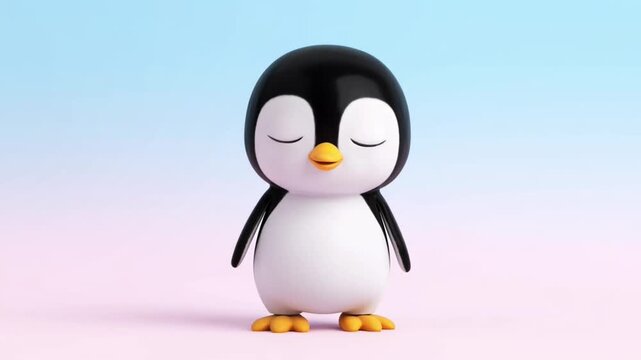 Cute cartoon penguin with closed eyes on pink blue background des