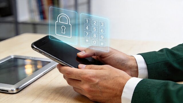 Businessman holding smartphone with digital padlock and keypad hologram representing secure mobile banking authentication biometric security system financial data protection