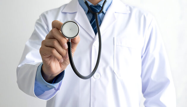 Doctor holding stethoscope forward, medical examination, healthcare checkup, diagnostic tool, professional medical service, clinic consultation, patient care, medical equipment