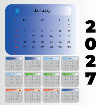 2027 annual calendar template with seasonal icons. Monthly planner set featuring winter, spring, summer, and autumn themes on a clean background.