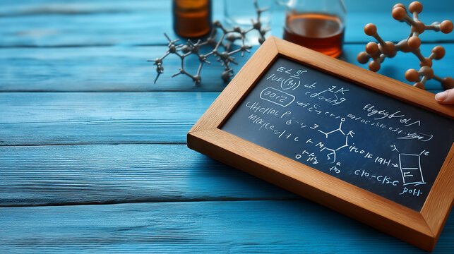 A small chalkboard with handwritten chemistry equations and molecular diagrams on a blue background, chemistry equations, chalkboard, blue background, scientific writing, education, chemistry
