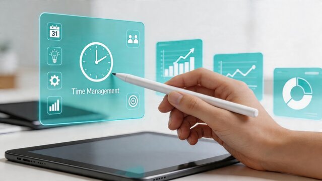 Business man using digital pen to interact with holographic Time Management interface on tablet managing schedules and productivity analyzing charts for project planning selecting