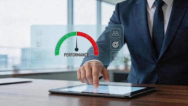 Businessman interacting with digital interface displaying performance gauge in modern office checking analytics dashboard on tablet computer for company metrics and success rate