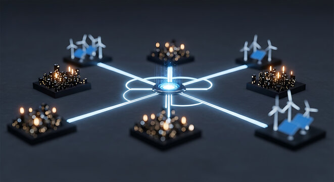 Distributed Smart Grid, Decentralized Energy Network Concept. 3D visualization showing multiple microgrids with wind turbines, solar panels connected to a central hub for efficient power distribution