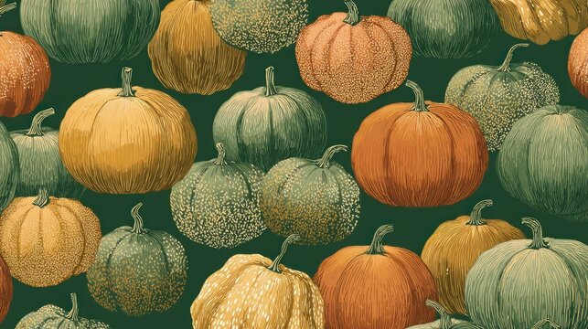 A detailed, vintage-style illustration of various pumpkins in a repeating pattern against a dark green background. 