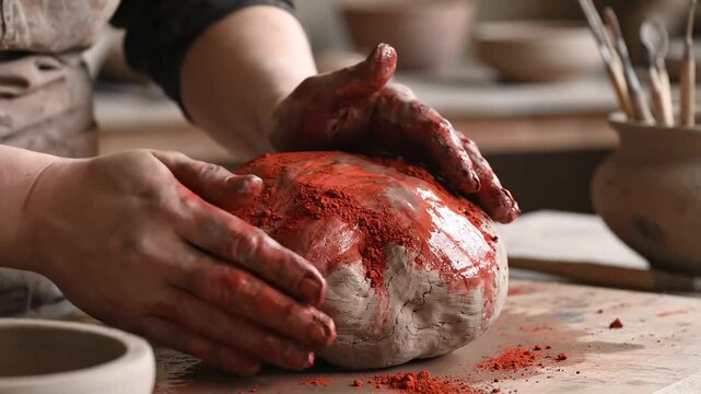 Close-up of artisan hands covered in cinnabar red pigments shaping a lump of moist clay at a pottery studio.