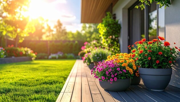 A lush summer garden with blooming flowers and green plants creates a beautiful landscape near a stone path and a modern house under a clear blue sky