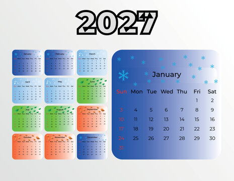 2027 annual calendar template with seasonal nature icons. Monthly grid layout featuring snowflake, leaf, and floral themes on colorful backgrounds.