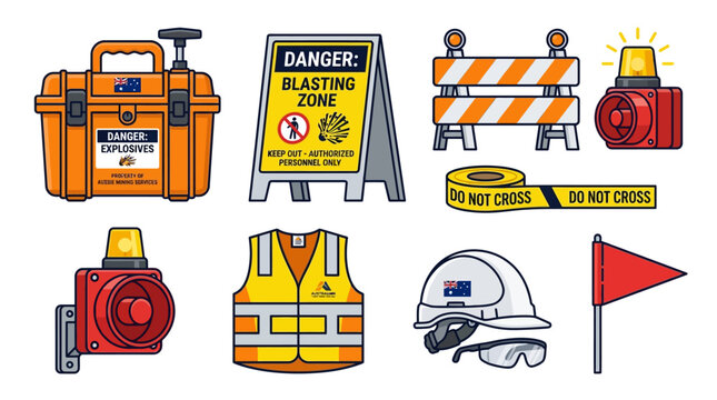 Collection of industrial mining equipment signs and protective gear icons for dangerous blasting zone worksite