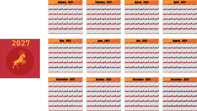 2027 annual calendar template with Chinese zodiac goat symbol. Monthly planner set with red and orange accents, perfect for wall or desk design.