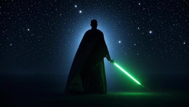 Jedi holding a green lightsaber against a starry background at night. 