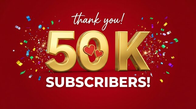 A vibrant red graphic celebrates 50k subscribers with gold text and colorful confetti. Text reads: thank you! 50K SUBSCRIBERS!
