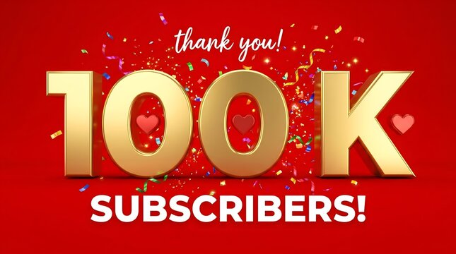 A vibrant red graphic celebrates 100k subscribers with gold text and colorful confetti. Text reads: thank you! 100K SUBSCRIBERS!

