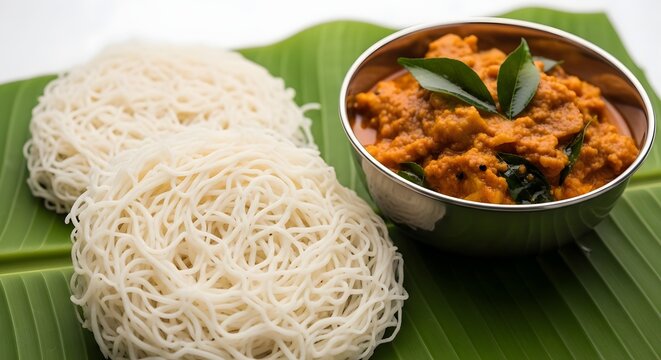 South indian breakfast string hoppers with spicy vegetable curry