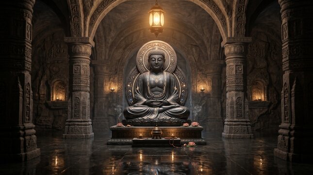 Stone buddha statue sits in a meditative pose inside an ancient temple surrounded by warm light and mystical spiritual atmosphere