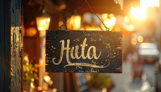 Vintage Hand-Painted 'Huta' Sign Hanging Outdoors Under Warm Golden Lights