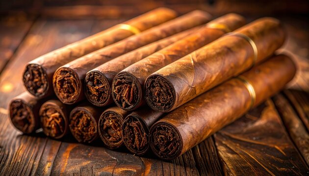 Bundle of tightly rolled unlit premium tobacco cigars on a rustic wooden surface
