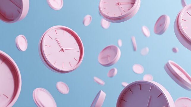 Multiple pink clocks float in space against a light blue background, suggesting lost time