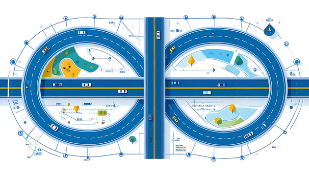 abstract infinity loop highway intersection with cars and green spaces, symbolizing connection and flow, ideal for logistics and transport concepts