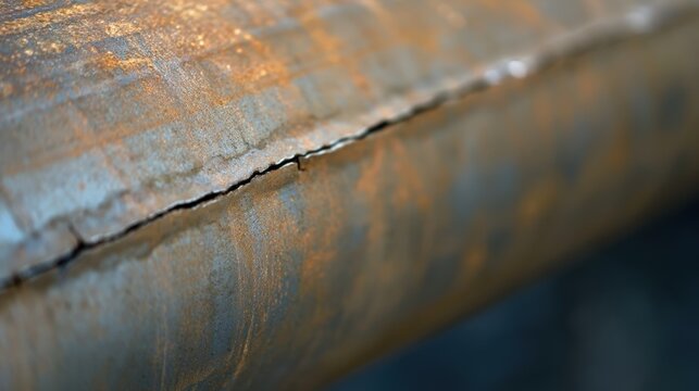 Close-up weathered steel pipe with diagonal welded seam and surface crack, rust texture, shallow depth of field for copy