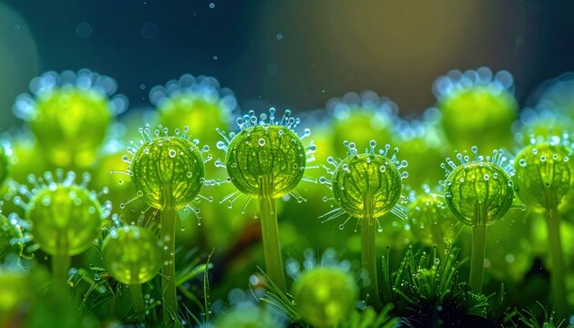 Close-up view of vibrant green moss capsules with delicate spores and intricate details in a lush forest setting