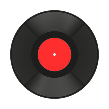 Realistic black vinyl record with a blank red label in the center and detailed circular grooves vector illustration, isolated on a white background for music store advertising and retro poster.