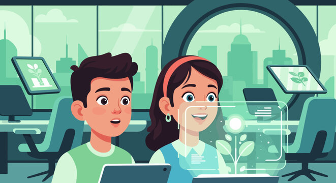 Children exploring futuristic holographic plant technology in a modern lab.