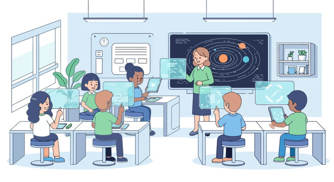 Children learning science in a modern classroom with interactive technology.