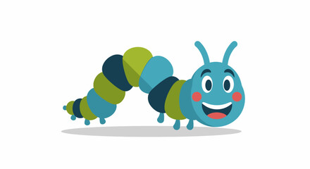 Fototapeta premium Happy Cartoon Caterpillar Character, Cute Insect, Blue and Green Segments, White Background