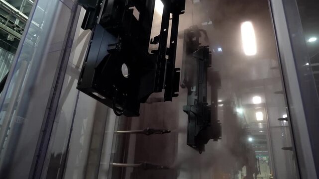 Medium shot of automated industrial powder coating system spraying protective finish on metal machinery parts.