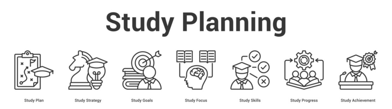 Study Planning web banner icon set vector illustration concept for business with icon of Study Plan, Study Strategy, Study Goals, Study Focus, Study Skills, Study Progre.