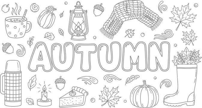 Autumn season illustrations with various objects and food items in a festive and cozy atmosphere with the word autumn