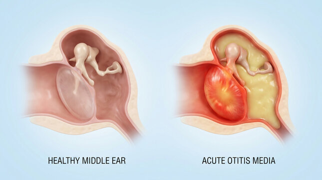 Acute Otitis Media vs Healthy Middle Ear Anatomy Illustration
