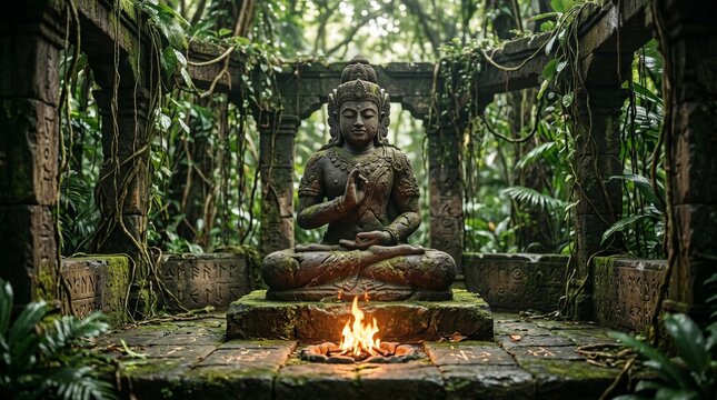 Stone buddha statue sits peacefully in a meditative pose while a small fire burns brightly on the mossy temple floor