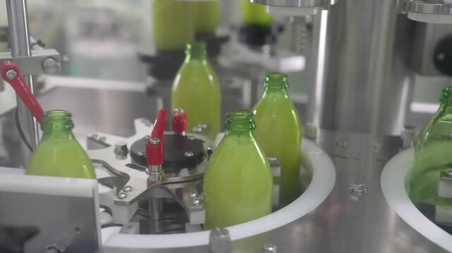 Close-up of automatic bottling machine filling green fruit juice and capping glass bottles in a beverage factory.