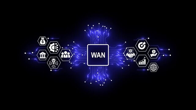 Futuristic WAN Networking Concept with Digital Network and Business Icons
