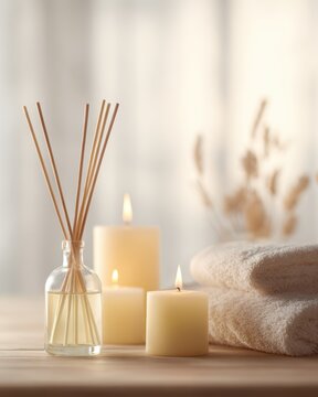 spa candles and reed diffuser on table relaxing wellness atmosphere