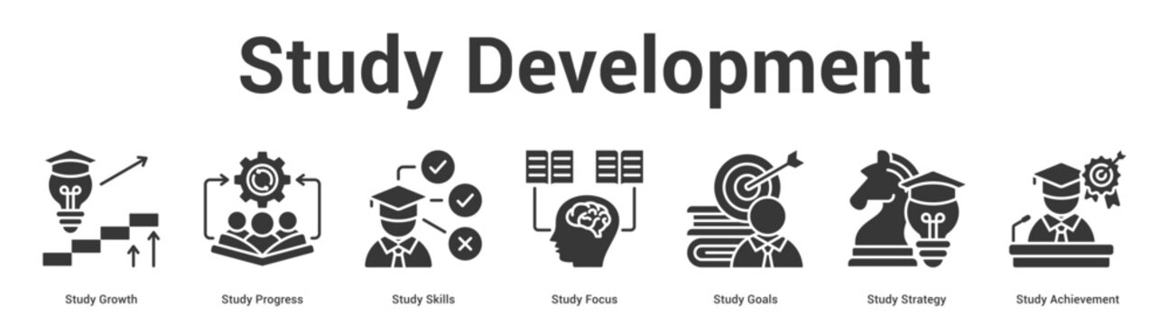 Study Development web banner icon set vector illustration concept for business with icon of Study Growth, Study Progress, Study Skills, Study Focus, Study Goals, Study Strategy, St.