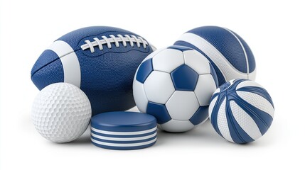 Assorted blue and white sports balls for different popular sports displayed together on plain neutral white background showing all kinds of sports equipment