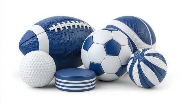 Assorted blue and white sports balls for different popular sports displayed together on plain neutral white background showing all kinds of sports equipment