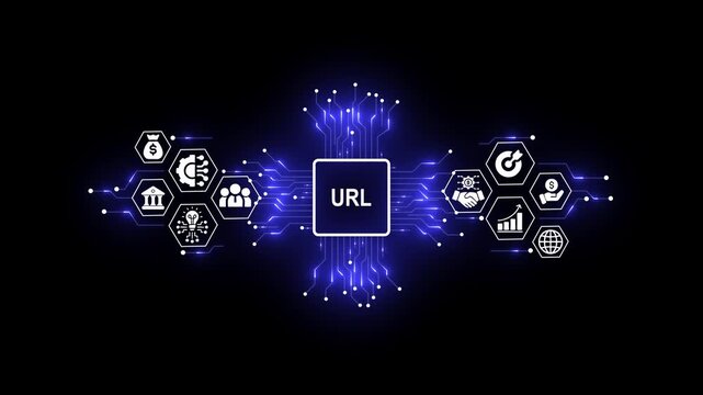Futuristic URL Technology Concept with Digital Network and Business Icons
