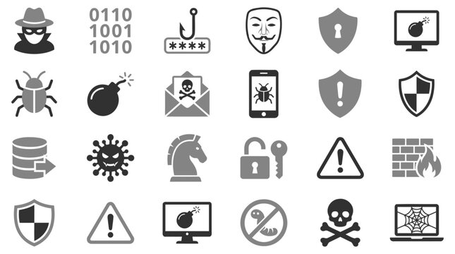 Cyber security and digital threat vector graphic set featuring icons of hackers malware viruses phishing shields and various data protection warning symbols