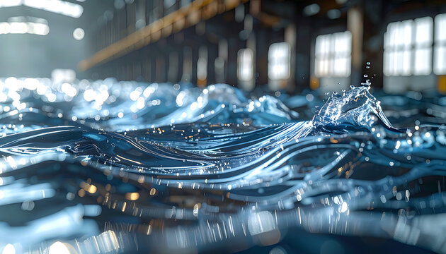 Close-up of sparkling blue water waves with ripples and splashes, reflecting light in an industrial warehouse setting, conveying purity and motion