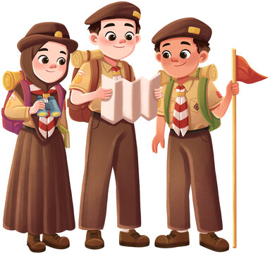 Indonesian Pramuka Scouts Reading Map and Exploring Illustration